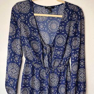Forever 21 Long sleeve Blue Mandala Romper with front tie & key hole +Video